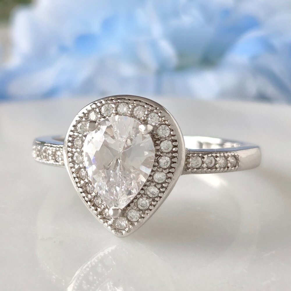 Vintage Pear Cut CZ Ring, 925 Sterling Silver